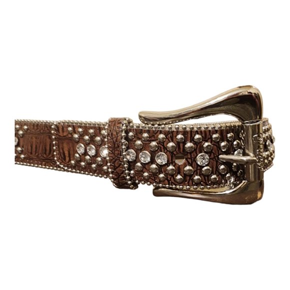 Guess Accessories - Guess Rhinestone Studded Western Cowgirl Rodeo Brown Vegan Leather Belt Size L